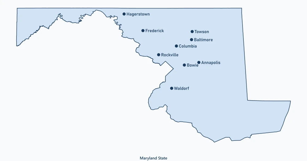 Map of Maryland State showing major cities